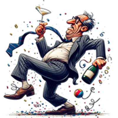 En karikatur af en mand i jakkesæt, der danser med en martini i den ene hånd og champagne i den anden, omgivet af konfetti.