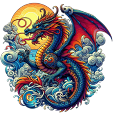 En detaljeret illustration af en drage, der svømmer gennem bølger under en solopgang.