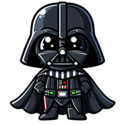 En sød og farverig tegning af Darth Vader i en kawaii stil, iført sin karakteristiske dragt.