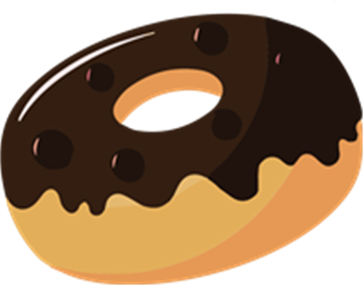 En farverig illustration af en donut med chokoladeglasur og chokoladechips.