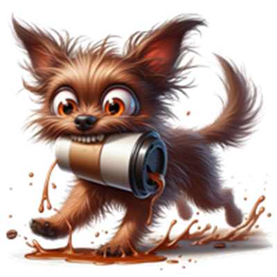 En sød hund med bustet pels, der løber med en kaffekop og spilder kaffe.