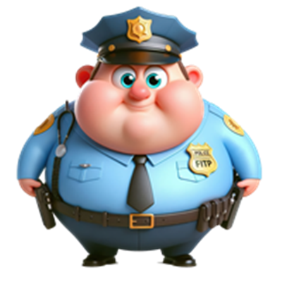 En glad og rund politibetjent iført blå uniform med en badge og en hat.