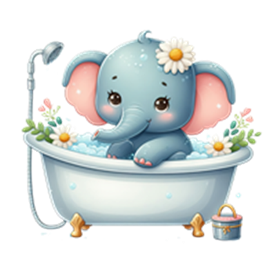 En lille, sød elefant sidder i et badekar fyldt med skum og blomster.