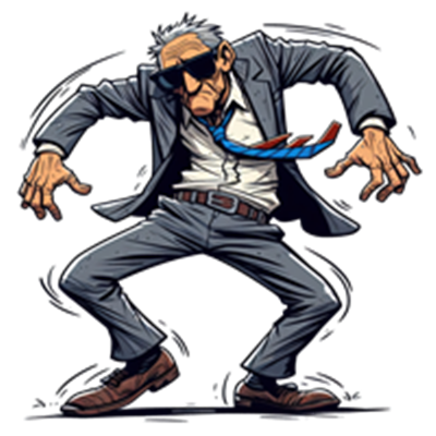 En animeret ældre mand i jakkesæt og solbriller, der danser med energi.