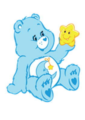 En sød blå bamse, der holder en stjerne, med et venligt udtryk.