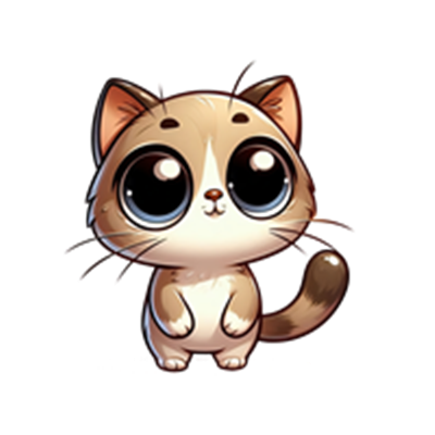 En nuttet, tegneserieagtig kat med store øjne og en venlig attitude.