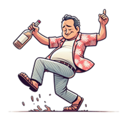 En glad mand danser med en flaske i hånden, iført en farverig skjorte.