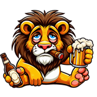 En cartoon-lignende løve, der sidder afslappet med en ølflaske og et glas øl, mens han ryger en cigar.