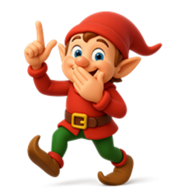 En glad nisse i rød hat og tøj, der gestikulerer med en finger og smiler.