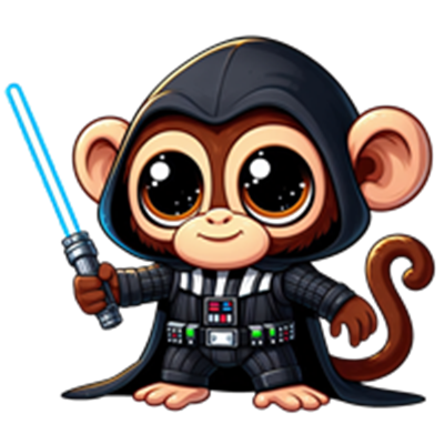 En nuttet abe iført en Jedi-ridder dragt, der holder et lyssværd.