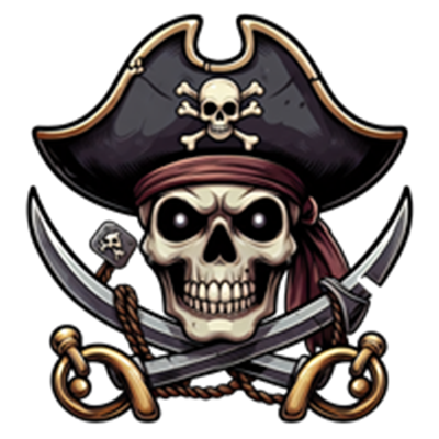 En stiliseret piratskalle iført en hat med korsben og to sværd krydset under den.