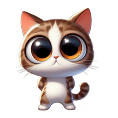 En charmerende, animeret kat med store, udtryksfulde øjne og en nuttet holdning.