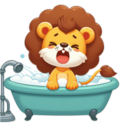 En sød, cartoon-lignende løve, der nyder et bad i et blåt badekar fyldt med skum.
