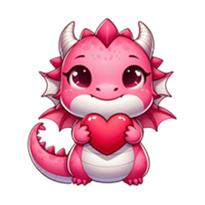 En charmerende, pink drage med store øjne, der holder et hjerte.