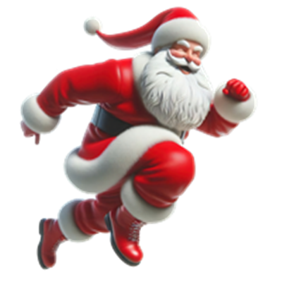 En livlig julemand, der løber i sin traditionelle røde dragt med hvidt skæg.
