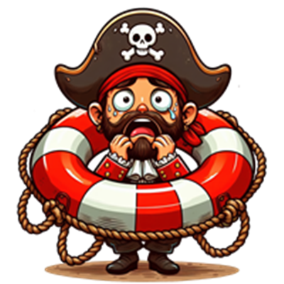 En komisk pirat med en stor hat og redningskrans, ser bange ud med tårer i øjnene.