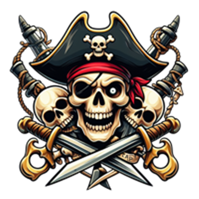 Et farverigt piratmotiv med en skalle iført en pirathat, omringet af sværd og kranier.