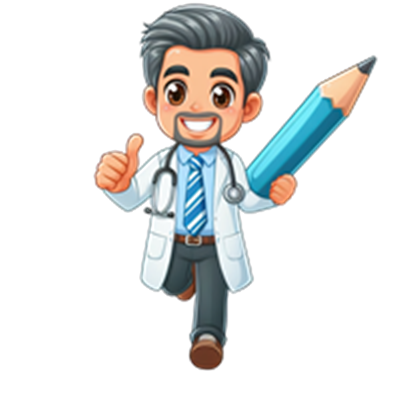 En tegnet karakter af en læge, der smilende løber med en blyant i hånden.