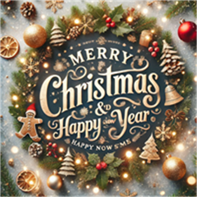 Et festligt billede med julepynt og en hilsen om glædelig jul og godt nytår.