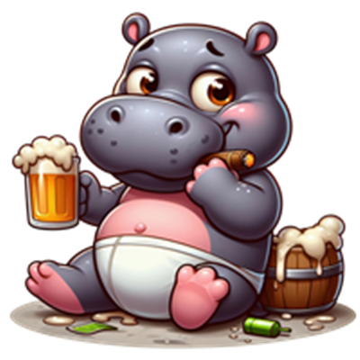 En sød, tegnet flodhest, der nyder en øl og ryger en cigar, omgivet af tønder.