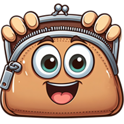 En sød og farverig tegning af en pung med store øjne og et glad ansigt.