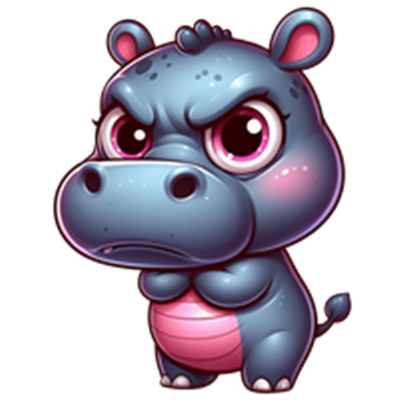 En cartoon-agtig flodhest med et vredt udtryk, store øjne og en rund krop.