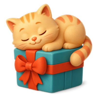 En sød, orange kat ligger og sover på en gaveæske med en rød sløjfe.