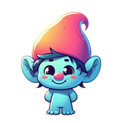 En sød, blå trold med store ører og en farverig spidshat, der smiler.