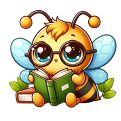 En sød og farverig bi iført briller, der sidder og læser en bog blandt planter.