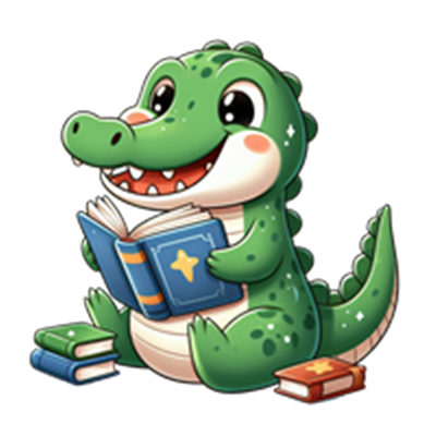 En sød, grøn krokodille sidder og læser en bog med et stort smil, omgivet af bøger.