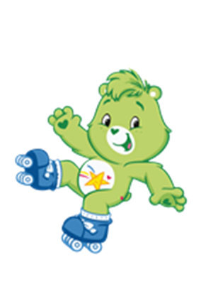 En farverig, grøn bamse iført rulleskøjter, der ser glad ud og vinker.