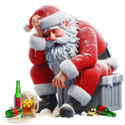 En julemand, der ser nedslået ud, sidder på en kasse omgivet af øl og julepynt.
