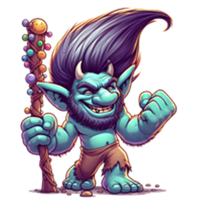 En cartoon-lignende trold med blå hud, stort hår og en magisk stav, der ser glad og udfordrende ud.