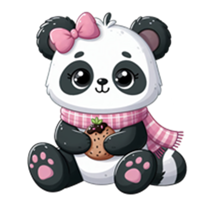 En tegneserieagtig panda med en pink sløjfe og et tørklæde, der holder en småkage.