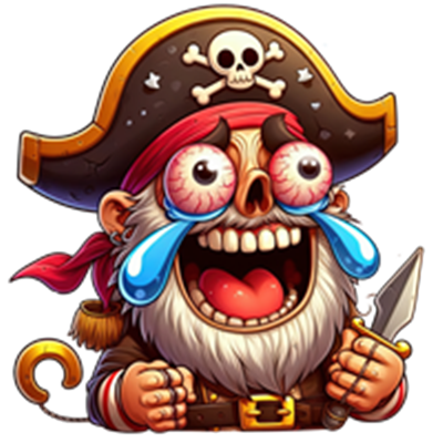 En farverig og humoristisk tegning af en glad pirat med store øjne, der griner og græder samtidig.