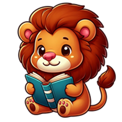 En sød, tegneserieagtig løve, der sidder og læser en bog.