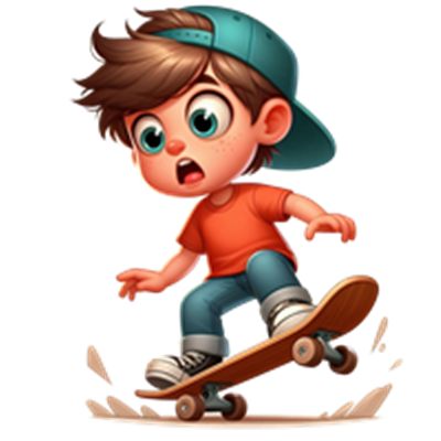 En tegnet dreng på skateboard, der ser overrasket ud, mens han skater.