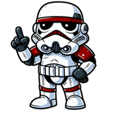 En sød og farverig tegneserieversion af en stormtrooper, der laver et V-tegn.