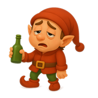 En træt nisse iført rød hat og tøj, holder en grøn flaske.