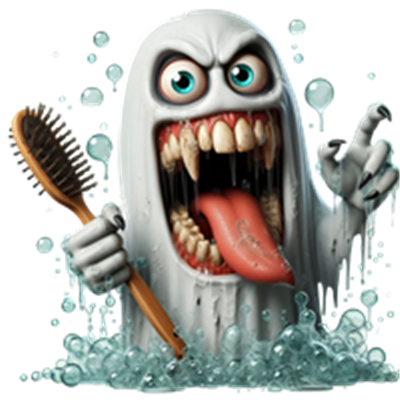 Et sjovt og uhyggeligt spøgelse med store tænder og en tandbørste, omgivet af bobler.