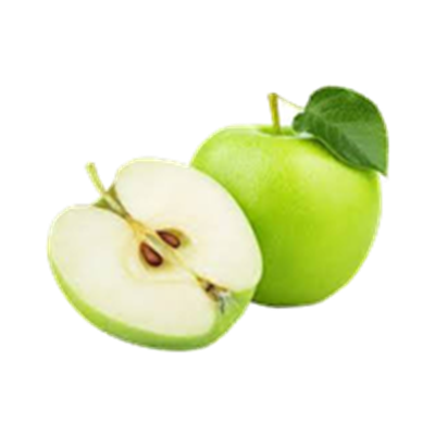 Et billede af friske grønne æbler, herunder et skåret æble, der viser det saftige indhold.