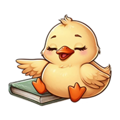 En glad and med lukkede øjne, der sidder på en bog og ser tilfreds ud.