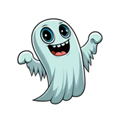 Et sødt, cartoonagtigt spøgelse med store øjne og et venligt smil, der svæver.