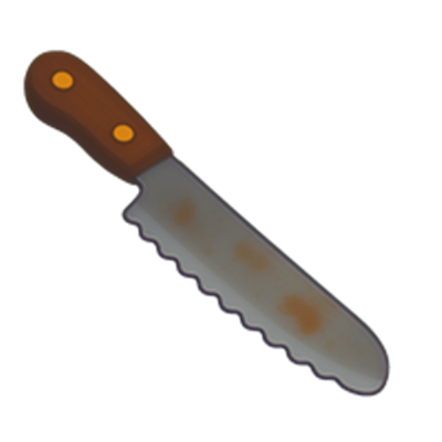 En illustration af en brødkniv med en træhåndtag og et slidt, tandet blad.