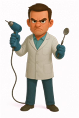 En vred tandlæge iført en hvid frakke, der holder en boremaskine og et instrument.