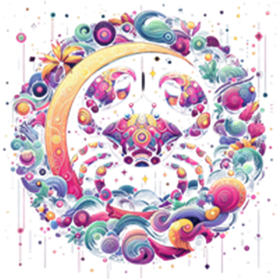 Et fantasifuldt billede af en krabbe omgivet af farverige elementer og stjerner.