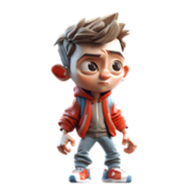 En 3D-animeret dreng med kort hår, iført en rød jakke og sneakers, står med et eftertænksomt udtryk.
