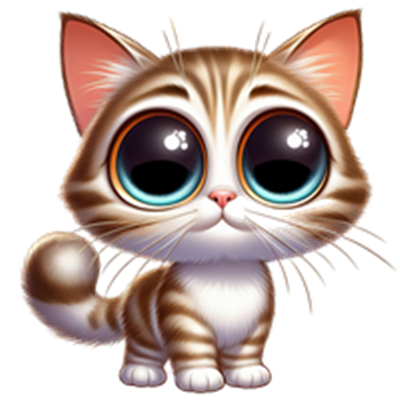 En tegnet kat med striber og store, udtryksfulde øjne.