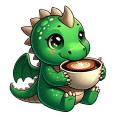 En sød, grøn drage sidder og holder en stor skål med kaffe, med glade øjne og spidse ører.