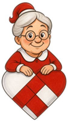 En venlig ældre kvinde i rød kjole og hat, der smiler og holder et hjerte.